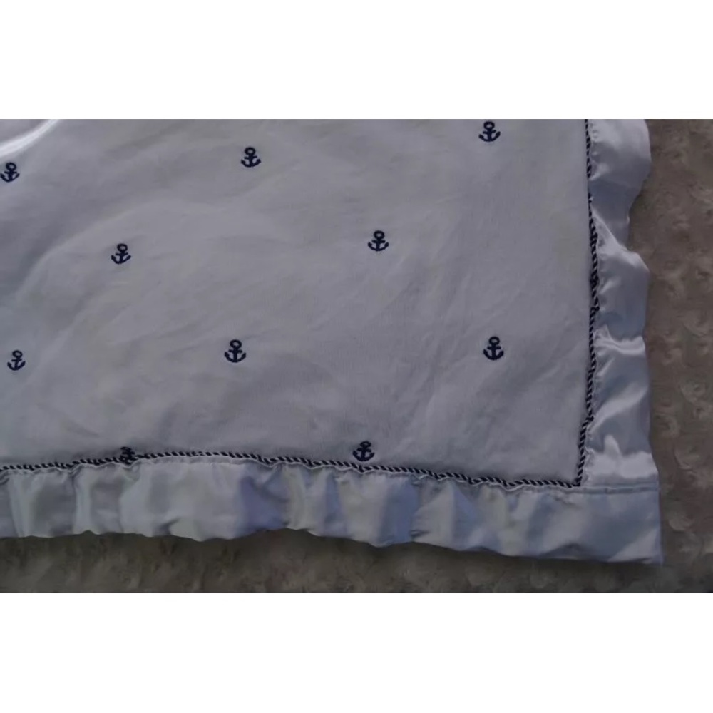 Little Me Anchors Baby Blanket Quilt White Blue Silky Satin Edge Bottom Nautical